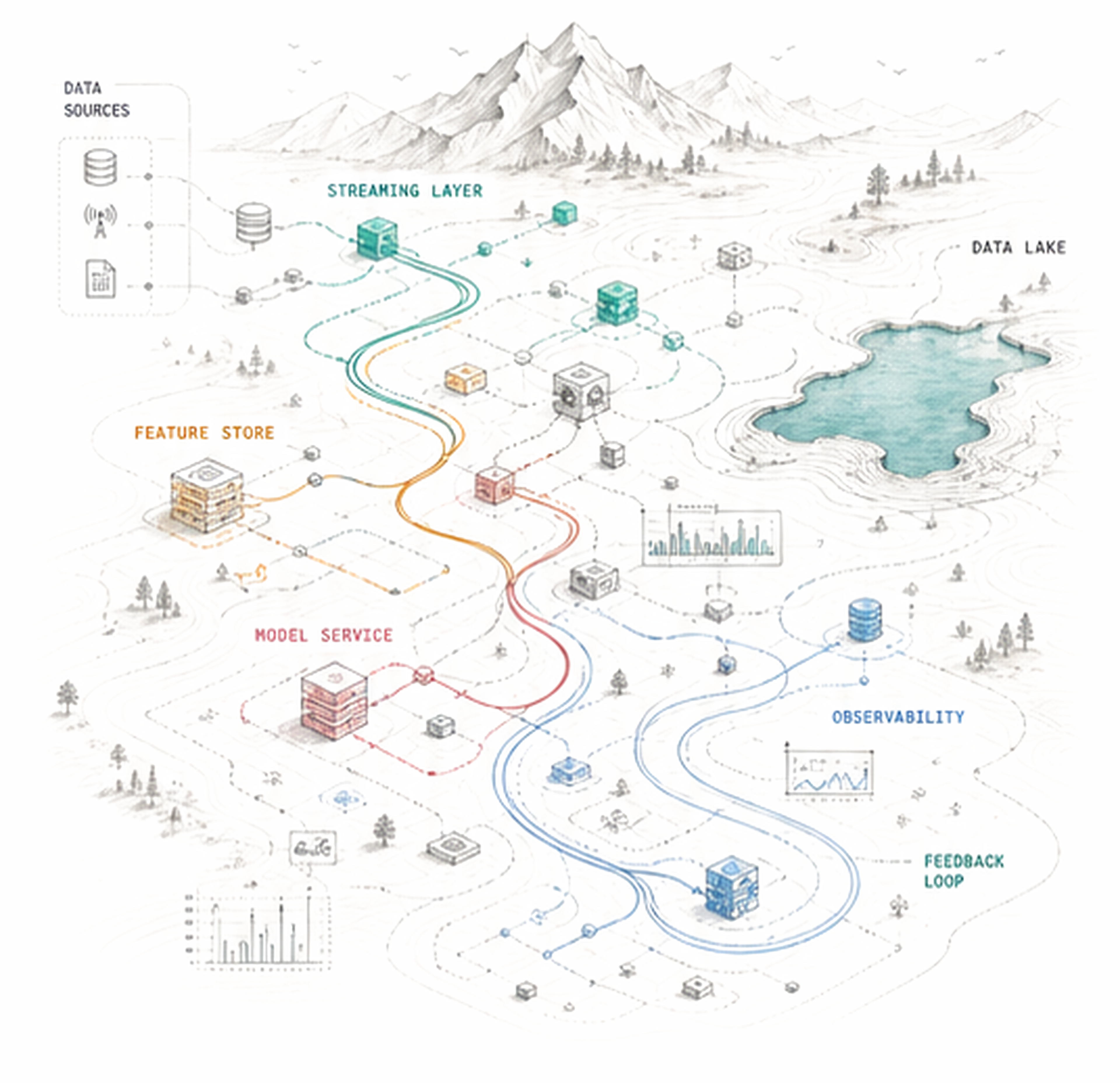 Illustrated systems map: data sources, streaming, feature store, model service, observability, feedback loop